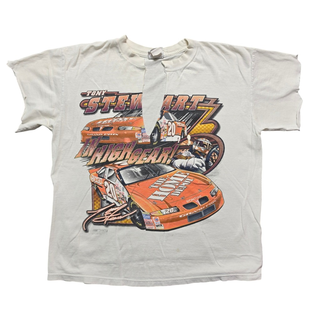 Y2K Distressed Cut Graphic Tee Womens L White Tony Stewart NASCAR Distressed Cut